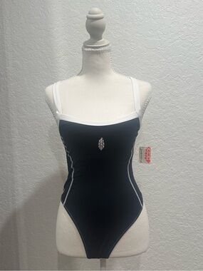 Free People Black and White Embellished One-Piece Bodysuit